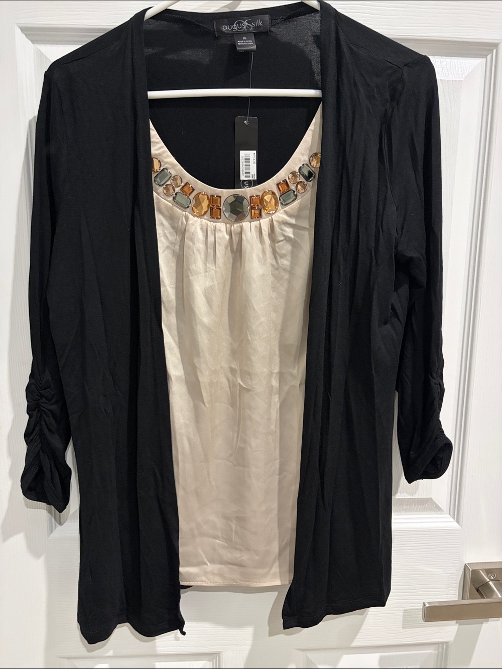 August Silk Women’s Black Cardigan with Attached Cream Jeweled Camisole, XL, NWT
